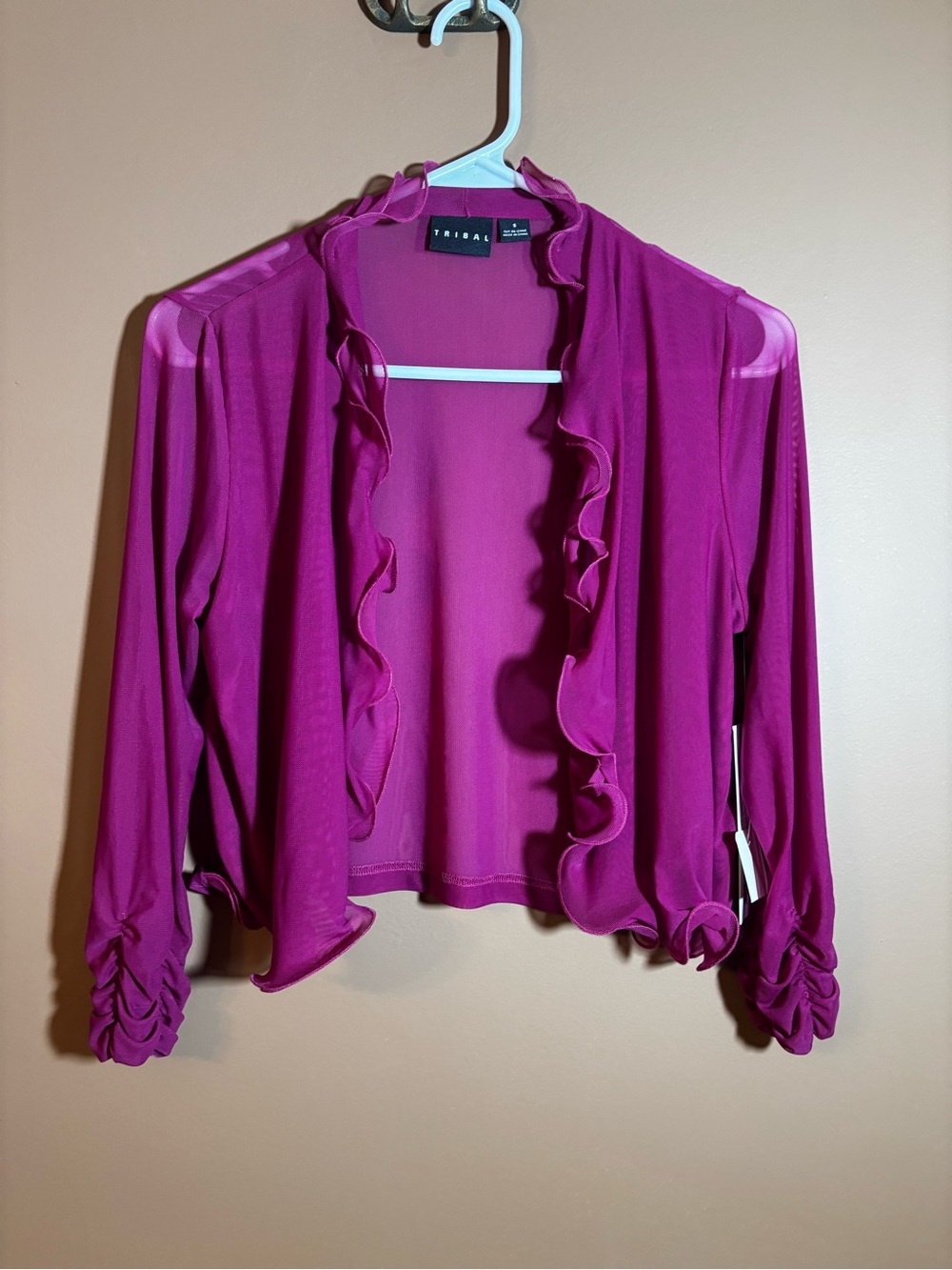 Tribal Fuchsia Ruffle Open-Front Cardigan
